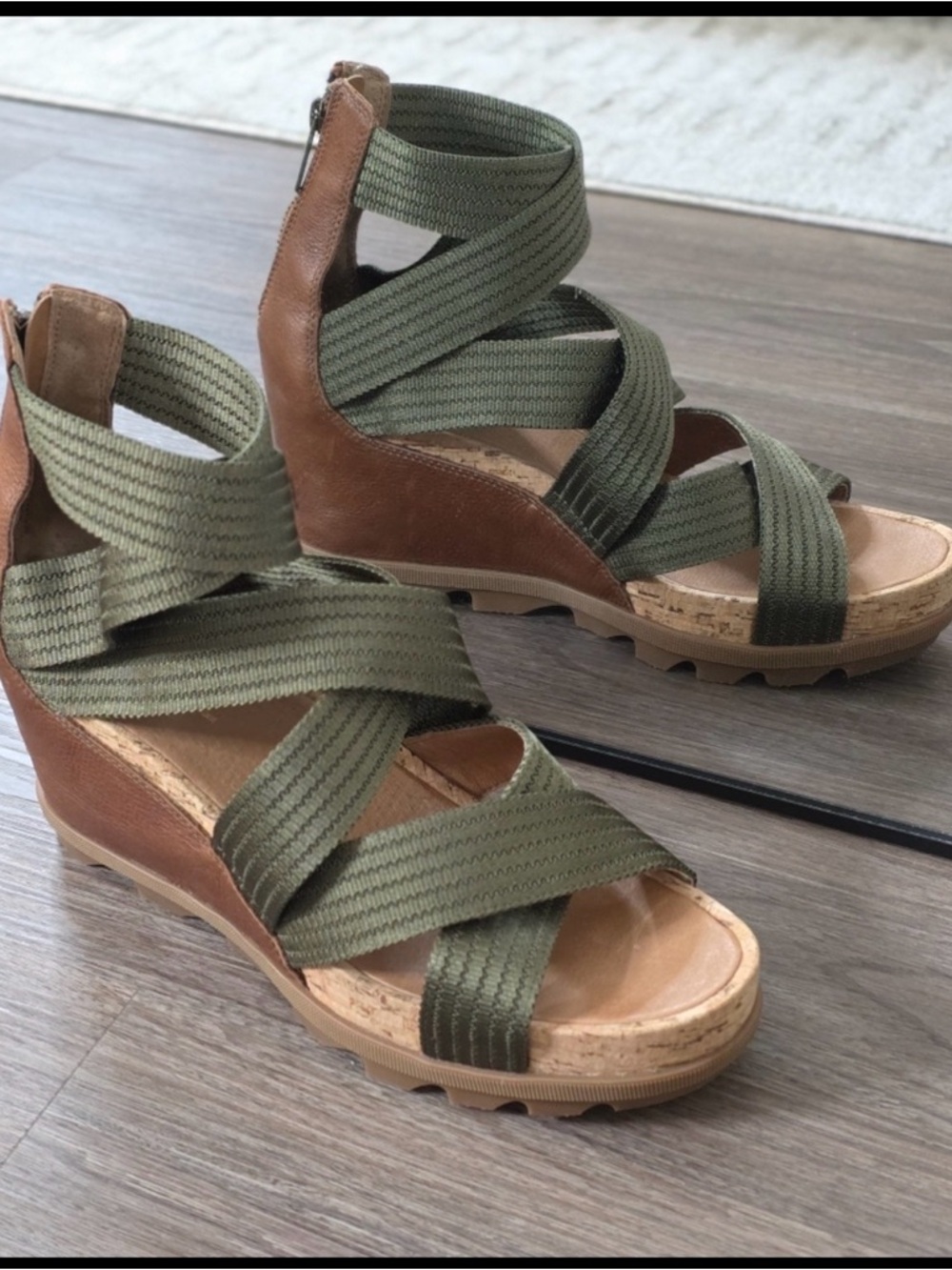 Sorel Olive Green and Brown Wedge Sandals